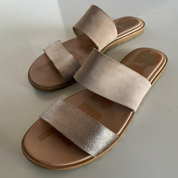 Sorel Women's Ella II Slide Sandals / Tan Metallic Slides Flats - Picture 2 of 5